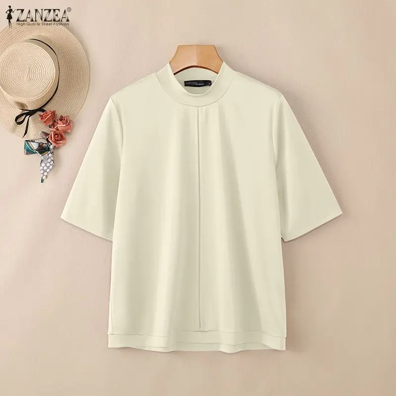 ZANZEA 2026 Minimalist Summer Woman T-Shirts Mock Neck Short Sleeves Seam Detail Solid Color Tees Casual Day Wear Tops 200G