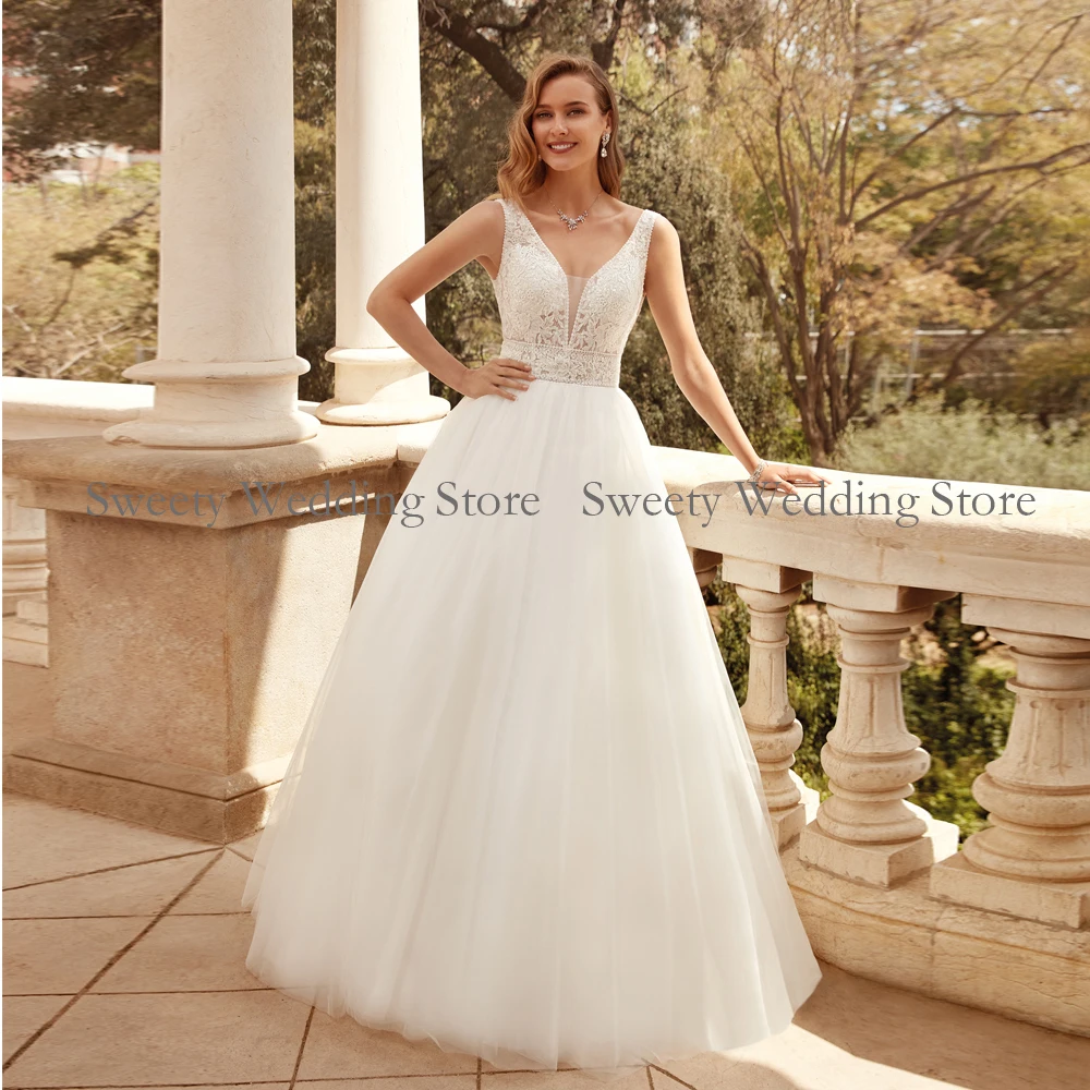 

Jiayigong 2022 A Line Wedding Dress Charming V Neck Sleeveless Applique Soft Tulle Sweep Train Backless Bridal Dresses