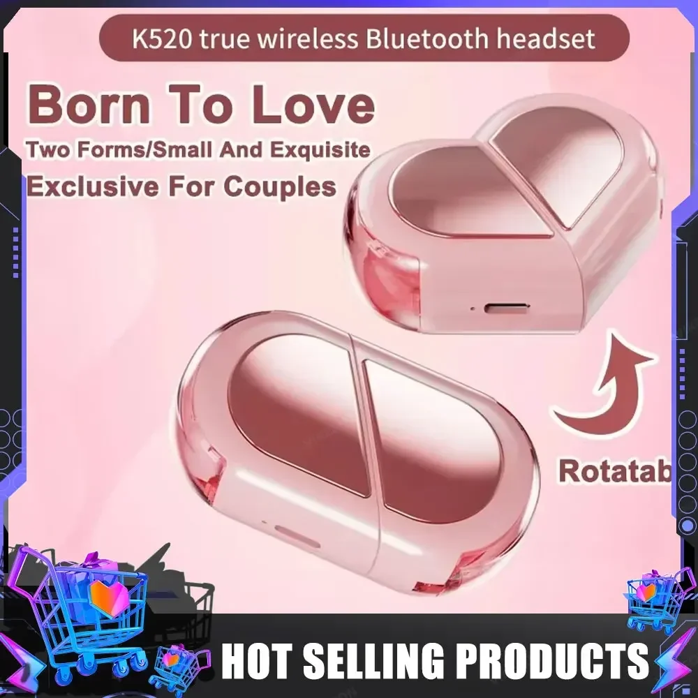 K520 Wireless Earbuds Stereo Earphones With Rotatable Love Heart Shaped Charging Case Low Latency Headphones For Phone Tablet