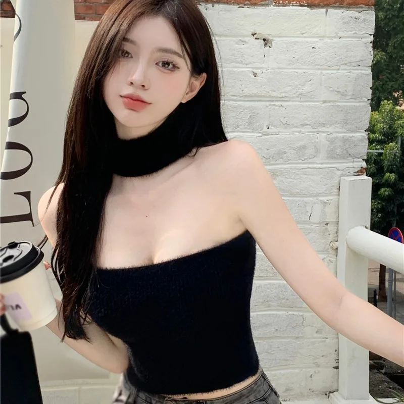 Canotta da donna Halter Slim Sexy Lint lavorata a maglia versione coreana tinta unita due modi di indossare