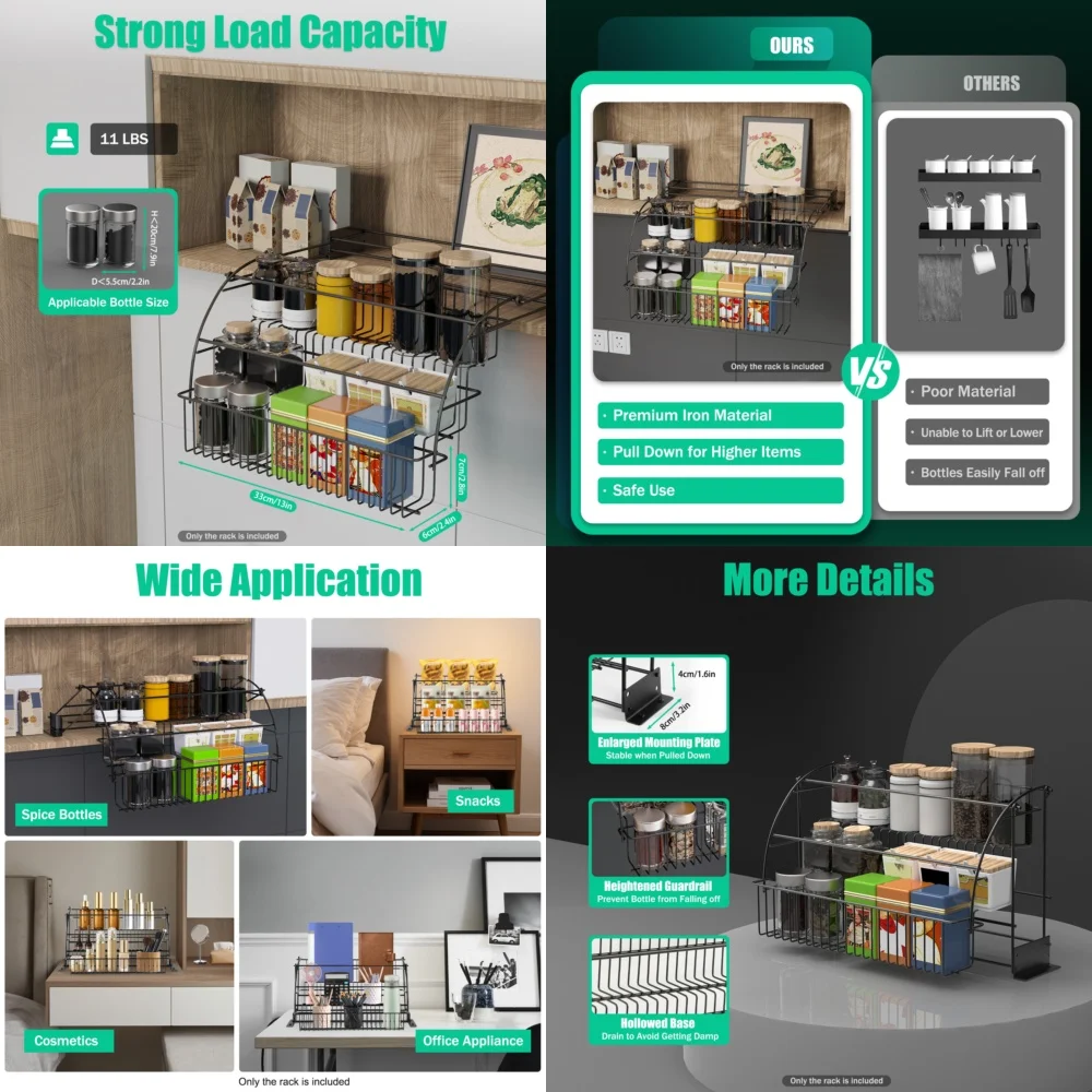 

storage shelf3 Tier Pull Down Cabinet Organizer Kitchen Storage Rack Adjustable Metal Spice Shelf for Pantry Bathroom Closet