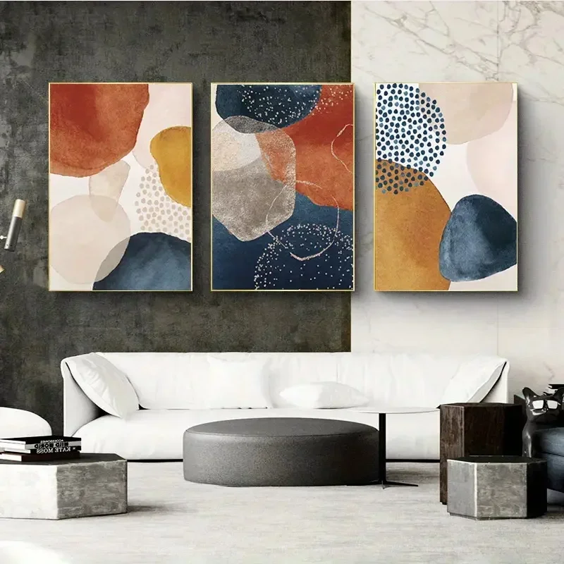 Large-sized frameless 3pcs  3pcs Modern Abstract Art Canvas Painting Orange Blue Color Block Golden Line Poster Living Room P