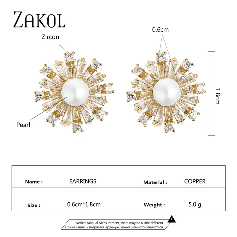 ZAKOL New Exquisite Cubic Zirconia & Imitation Pearls Snowflake Stud Earrings for Women Fashion Party Birthday Christmas Gift