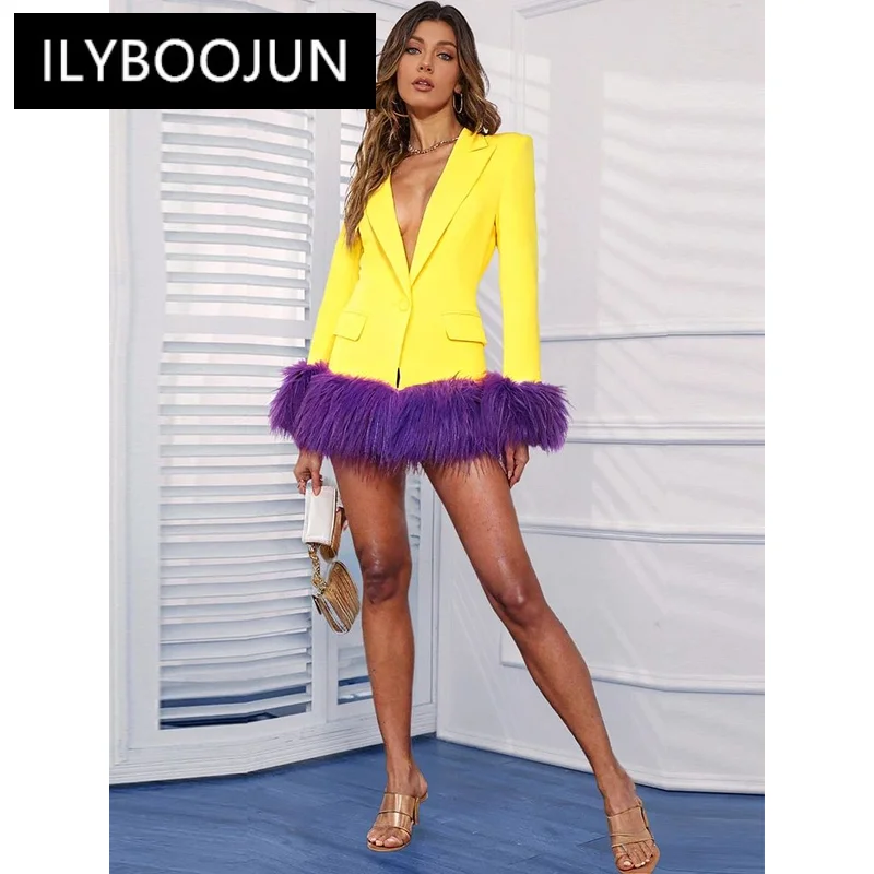 Brand Blazer Dress Outfits With Purple Artificial Furffly Fashionable Luxury Jacket Fluff Is Removable Office Festival Wear