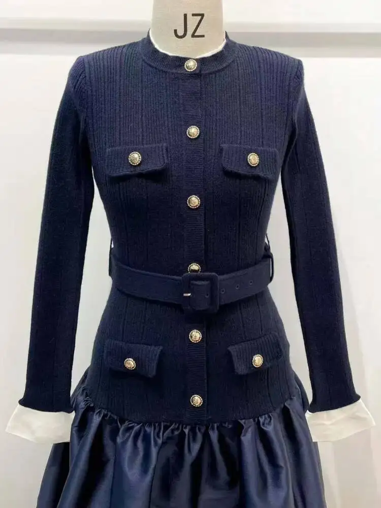 TLXT ファッション レディース フレンチスタイル 無地 エレガント 細見え ワンピース 長袖 ハイウエスト スプライスボタン シックドレス 2026春新作