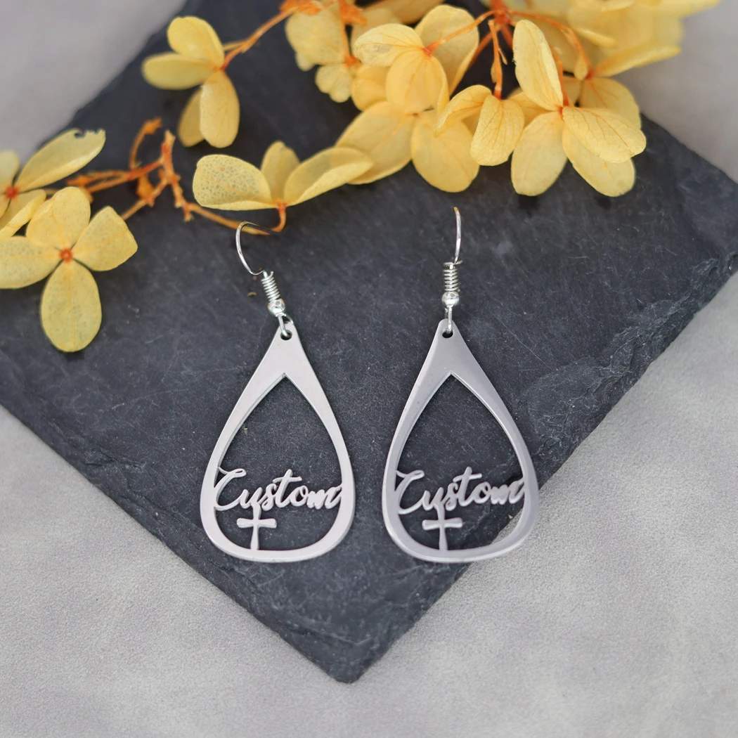 Pendientes personalizados con nombre de letra, colgante de acero inoxidable para mujer y niña, cruz en forma de lágrima, línea hueca, regalo de joyería