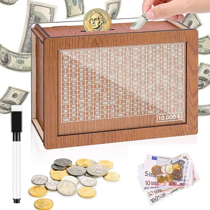 1000/2000/5000/10000 Piggy Bank Wooden Euro Money Box with Counter Cash Box with Savings Goals Budget Piggy Bank Financial Goals