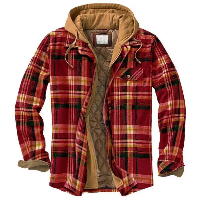 Autumn Winter Men\'s Long Sleeved Plus Thick Collar Plaid Shirt Jacket Outdoor Leisure Sports Travel Coat Top