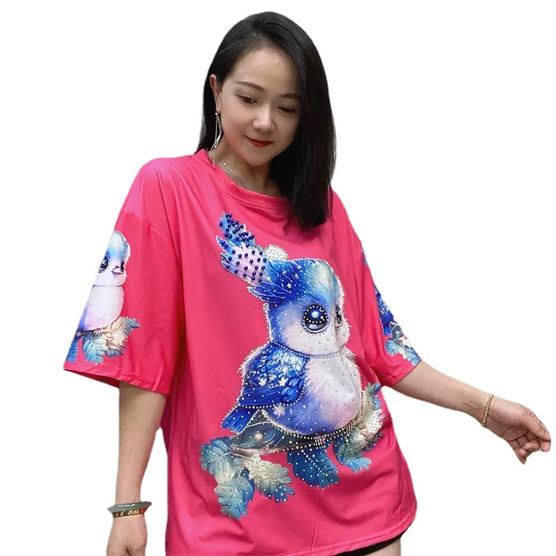 New Summer Women Short Sleeve T-shirt Cartoon Printed Hot Drilling Loose O-neck Pullover Top All-match Casual Tees T-Shirt Femme