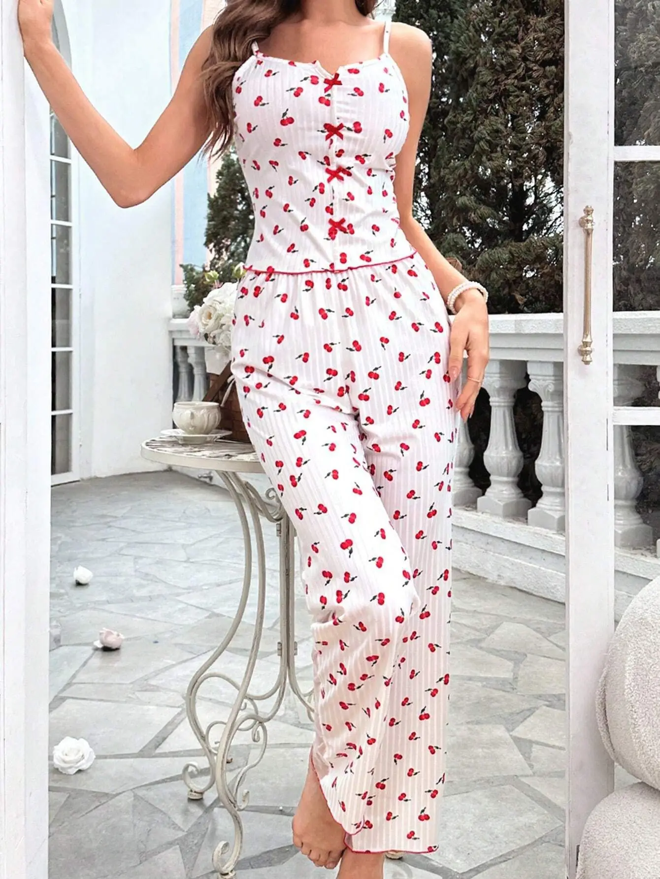 2024 Printed Color Contrasting Printed Mesh Home Clothes Front Split Strap Pajama Set