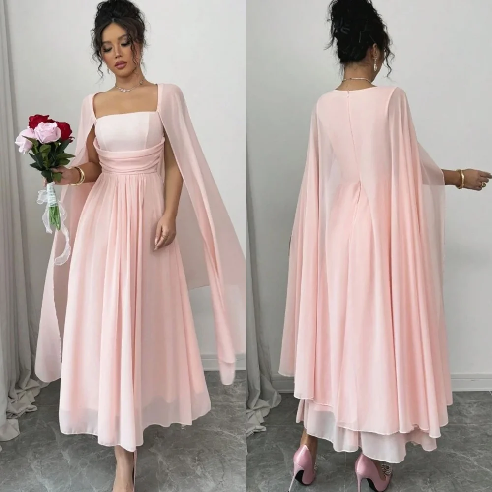 

Customized Modern Style Exquisite Chiffon Pleat Ruched Draped A-line Square Neck Midi Dresses Bespoke Occasion Dresses Fashion