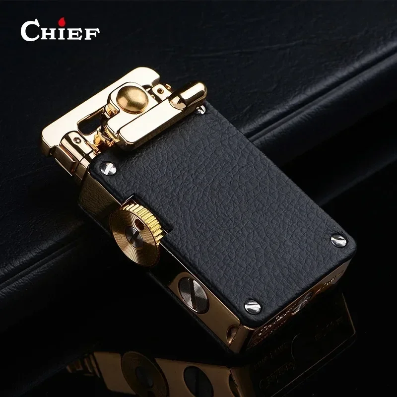 CHIEF Metal Retro Grinding Wheel Windproof Rocker Arm Kerosene Lighter Classic Engraved Leather Personalized Gift For Boyfriend