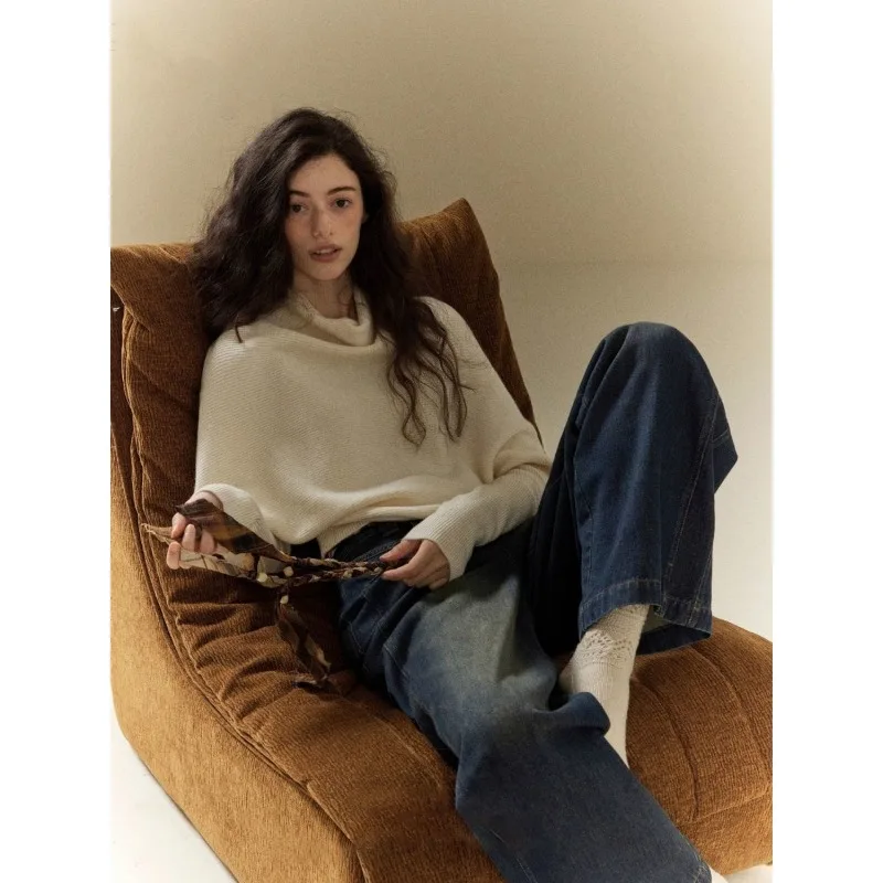 Women's Batwing Cowl Neck Knit Sweater Autumn Winter Slim Waist Design Loose Pullover Artistic Casual Jumper S XL