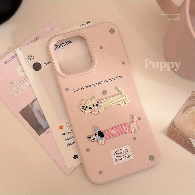 Cartoon Stereoskopische Stickerei Dackel Hund Katze Handyhülle für iPhone 18 17 16 15 14 13 12 11 Pro Max Plus Silikonhülle – Detail 2