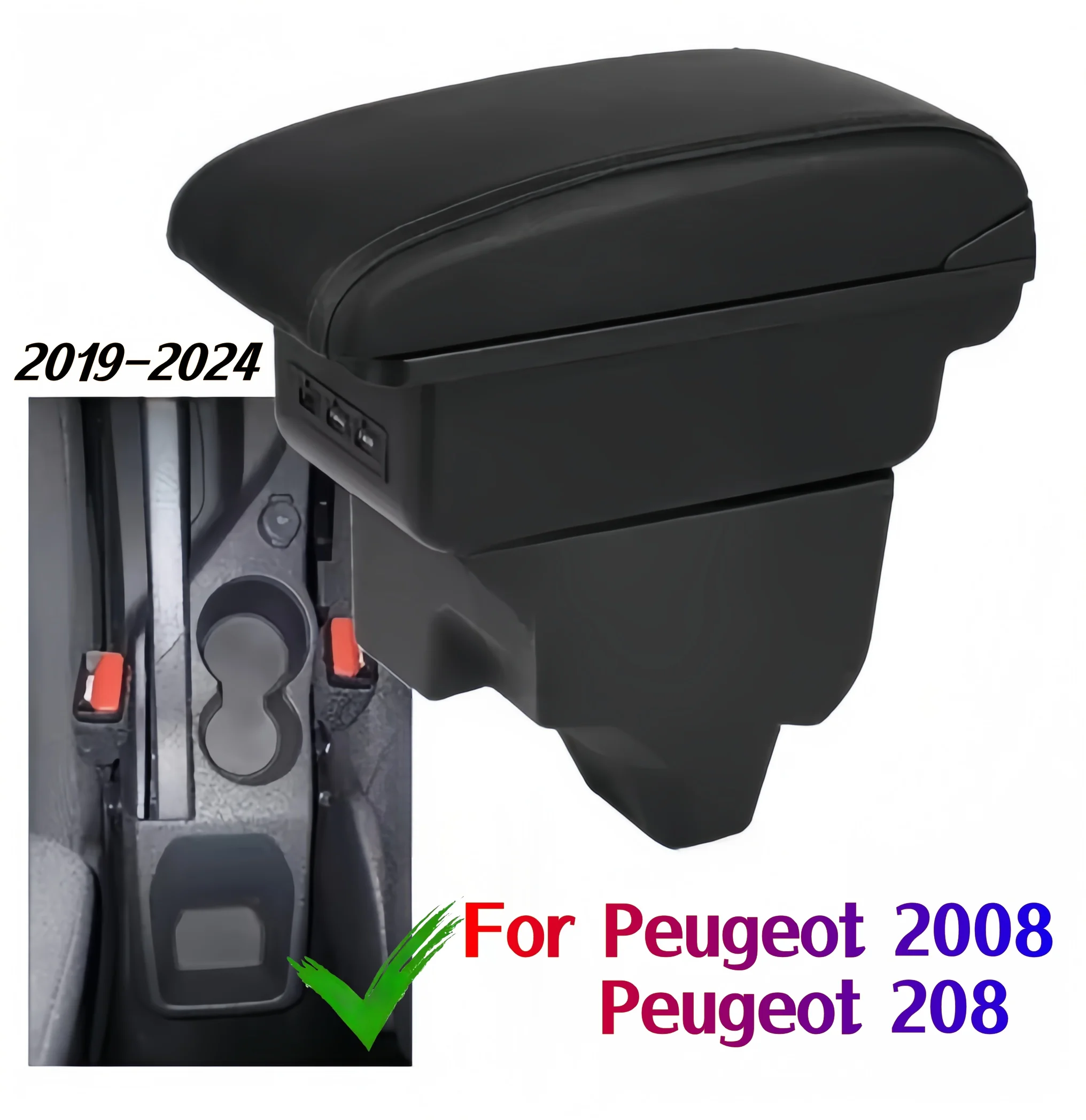 Para Peugeot 2008 caja de reposabrazos para Peugeot 208 2019 - 2024 caja de almacenamiento de modificación interior de reposabrazos de coche con LED USB