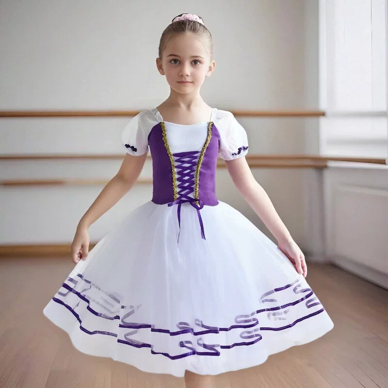 New Romantic Tutu Giselle Ballet Costumes Girls Child Velet Long Tulle Dress Skate Ballerina Dress Puff Sleeve Chorus Dress