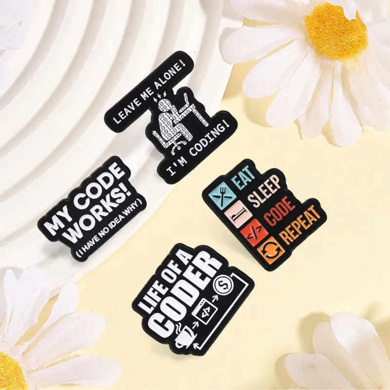 My Code Works Leave Me Alone I'M Coding Enamel Pins Programmer Humor Cartoon Brooch Hat Bag Lapel Badge Jewelry Gift for Friends
