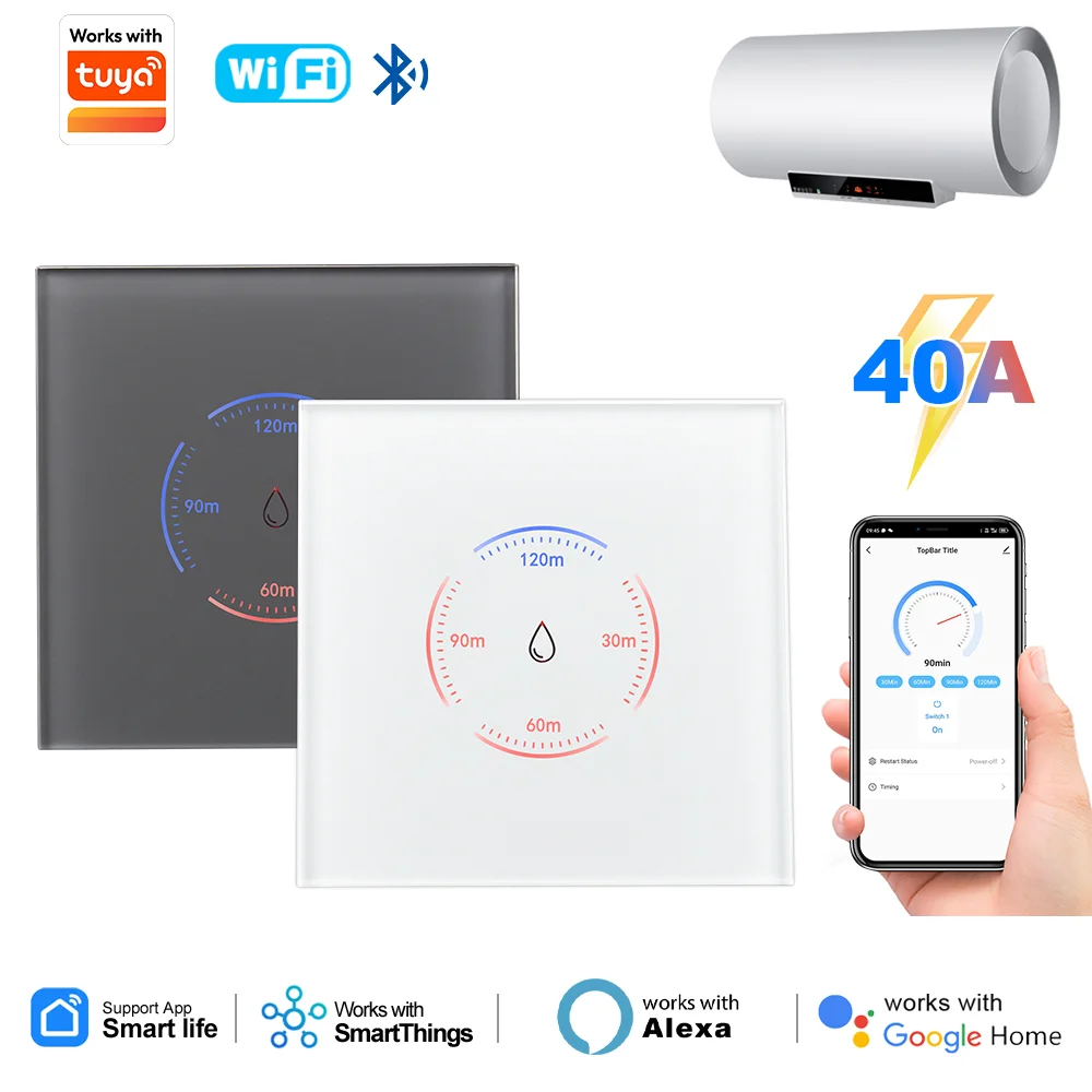 Intelligenter WLAN-Wasserheizer mit Touch-Schalter, 40A 8000W, EU-Standard, Smart Life App Fernbedienung, Kompatibel mit Tuya, Alexa, Google Home
