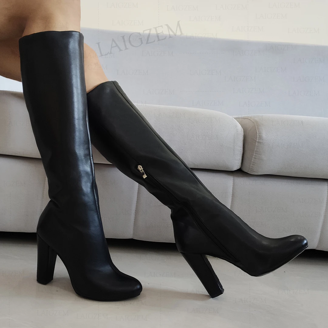 LAIGZEM Women Knee High Boots Faux Leather Side Zip Round Toe Thick High Heels Round Toe Ladies Shoes Woman Big Size 43 47 52
