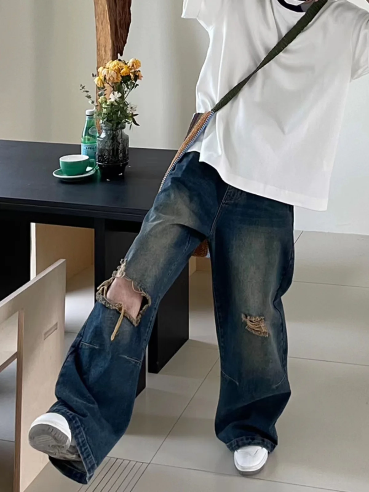 

American High Street Heavyweight Waed Denim Jeans Men Loose Straight Leg Drapey Wide Leg Long Trousers Trendy Brand