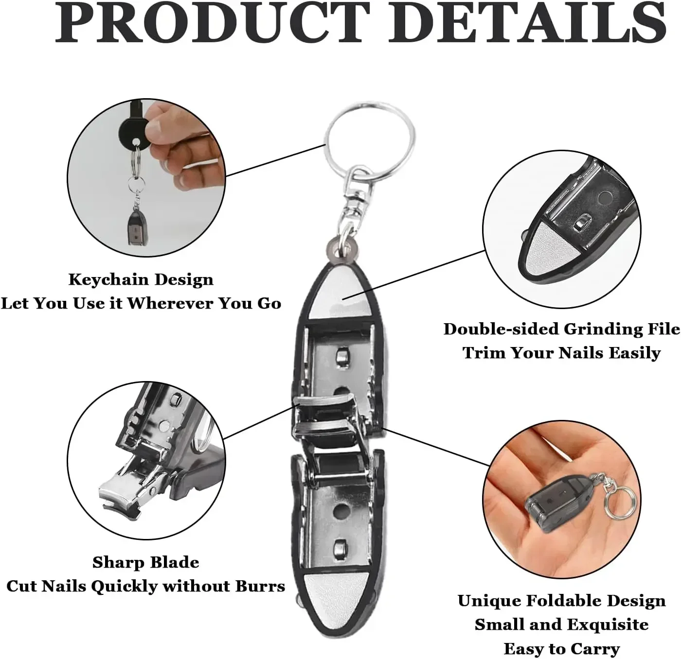 열쇠고리 손톱깎이 미니 접이식 스테인리스 손톱깎이 네일 파일 포함 야외 여행용