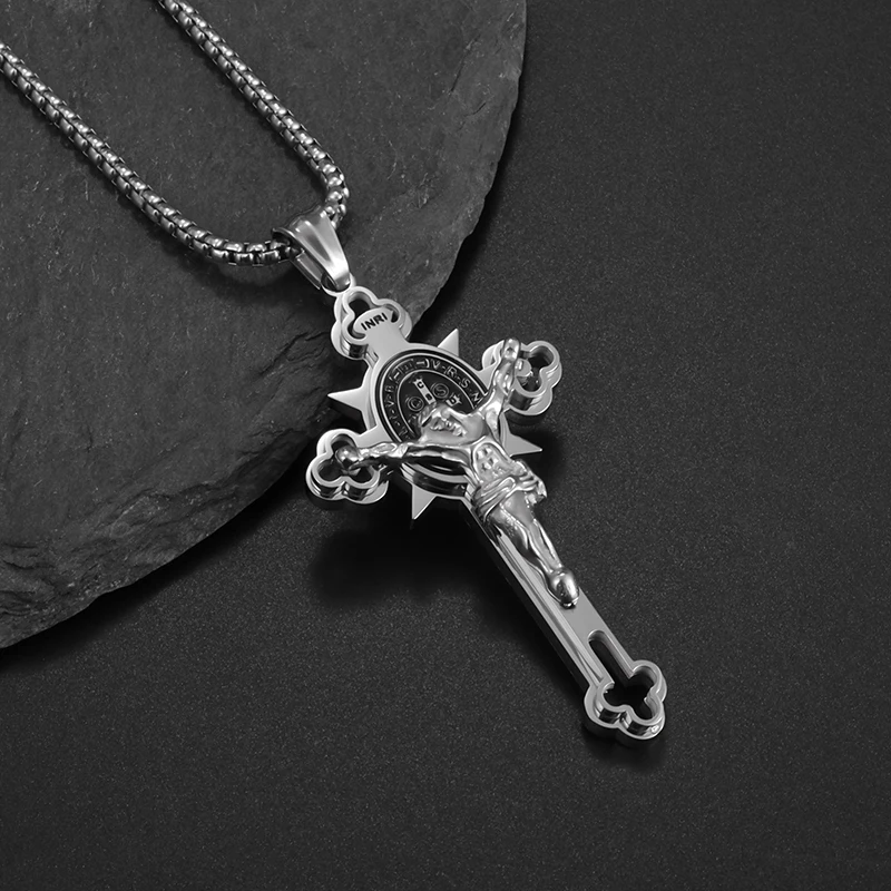 Italian Christian Saint St. Benedict Cross Stainless Steel Necklace Pendant Men and Women Religion Catholic Jesus Amulet Jewelry