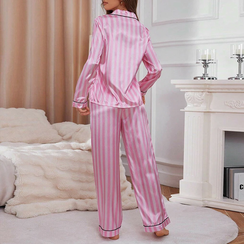 Women\'s Sleepwear Striped & Letter Print Pajama Set Comfortable Long Sleeve Button Down Tops & Pants Pyjama Sets For Valentine\'s