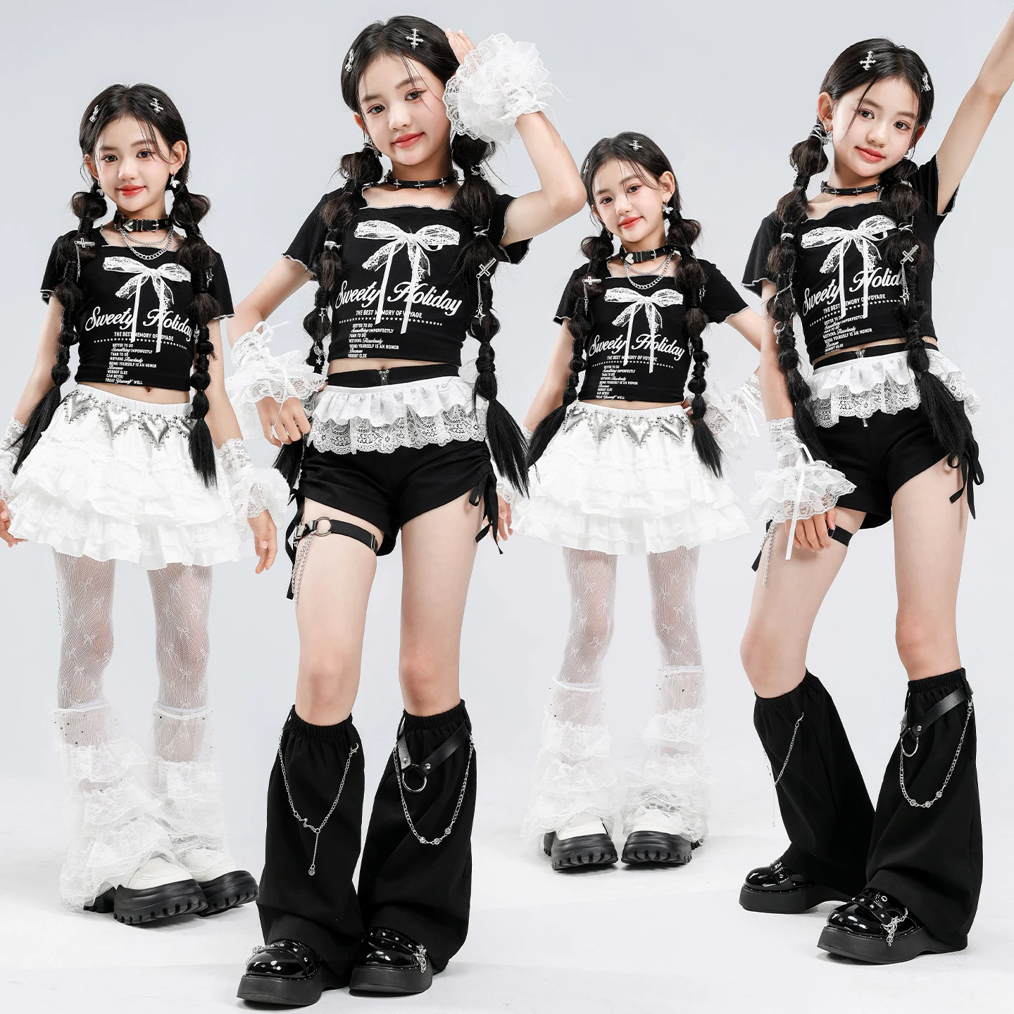 

Girls Y2K Balletcore Dance Outfits Black Bow Print Crop Tops White Tutu Skirt Shorts Set for Kids Jazz Hip Hop Teen Performance