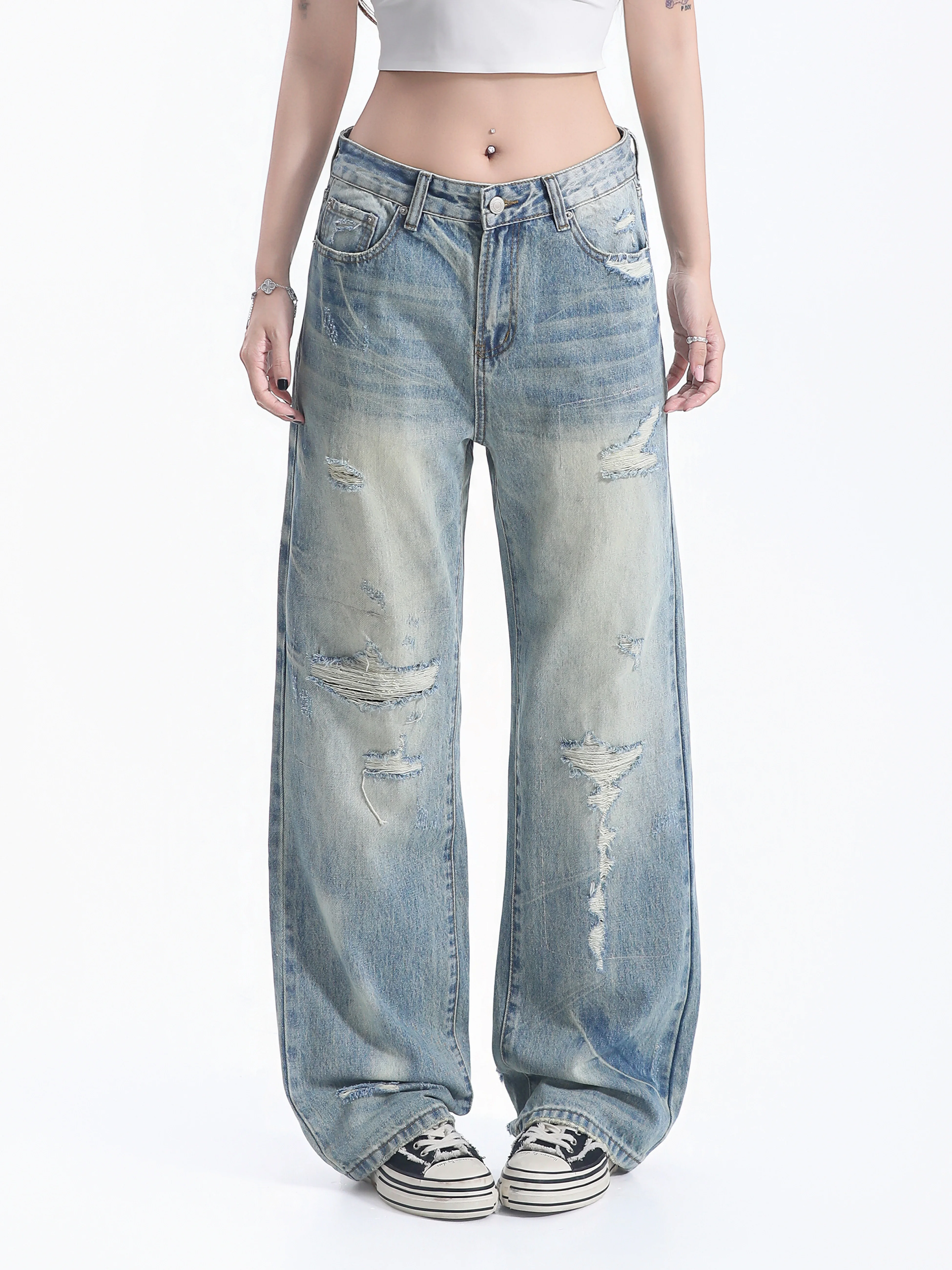 Retro American Hole Denim Jeans Women's Faded   Design Wide Leg Neutral Floor-Length Pants Cotton Natural Waist