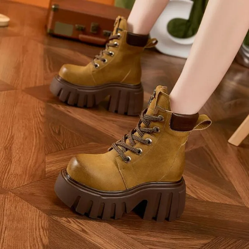 

8cm Fashion Autumn Women Ankle Boots Lace-up Chunky Leather Motorcycle Sports Shoes Woman High Platform Winter Short Punk Boots