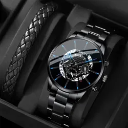 Fashion Mens Stainless Steel Watches Luxury Quartz Wristwatch Calendar Men Business Casual Leather Bracelet Watch