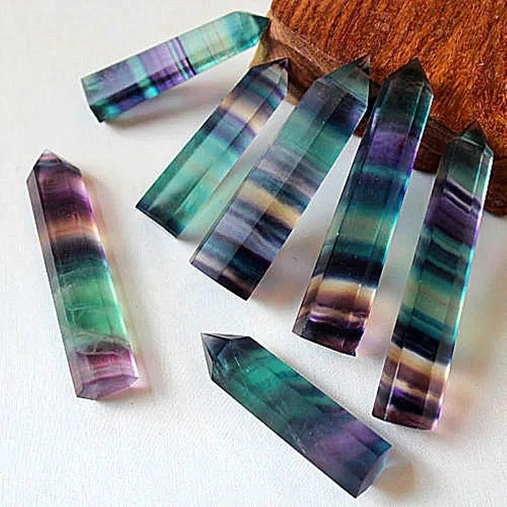 Rainbow Fluorite Crystal Stick, Large Fluorite Quartz Crystal Tip Stick, Healing Hexagonal Wand, Room Decoration Gift, 7Pcs