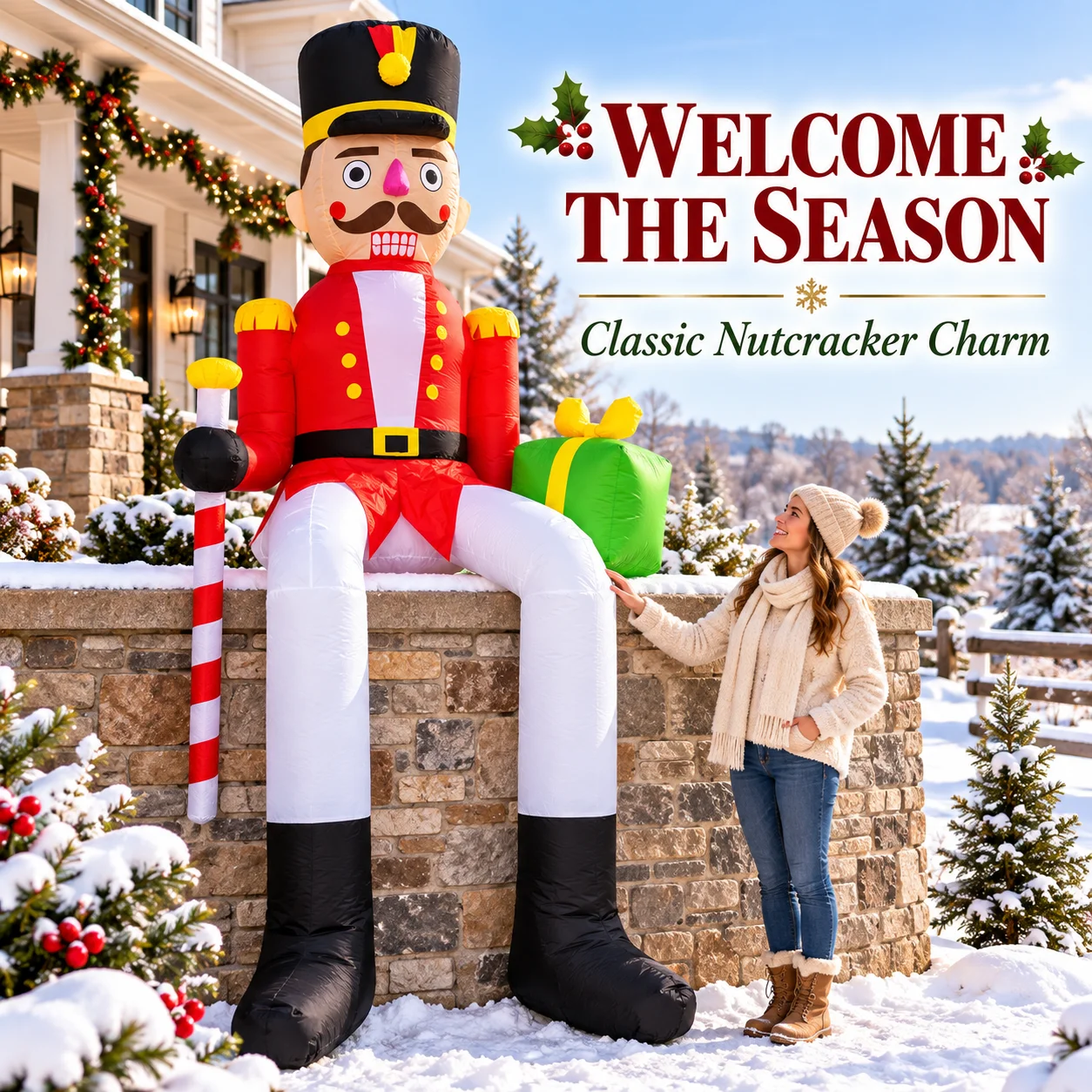 Giant Inflatable Christmas Nutcracker Soldier Sitting Outdoor Yard Decor LED Blow Up Xmas Holiday Ornament for Garden Lawn Home
