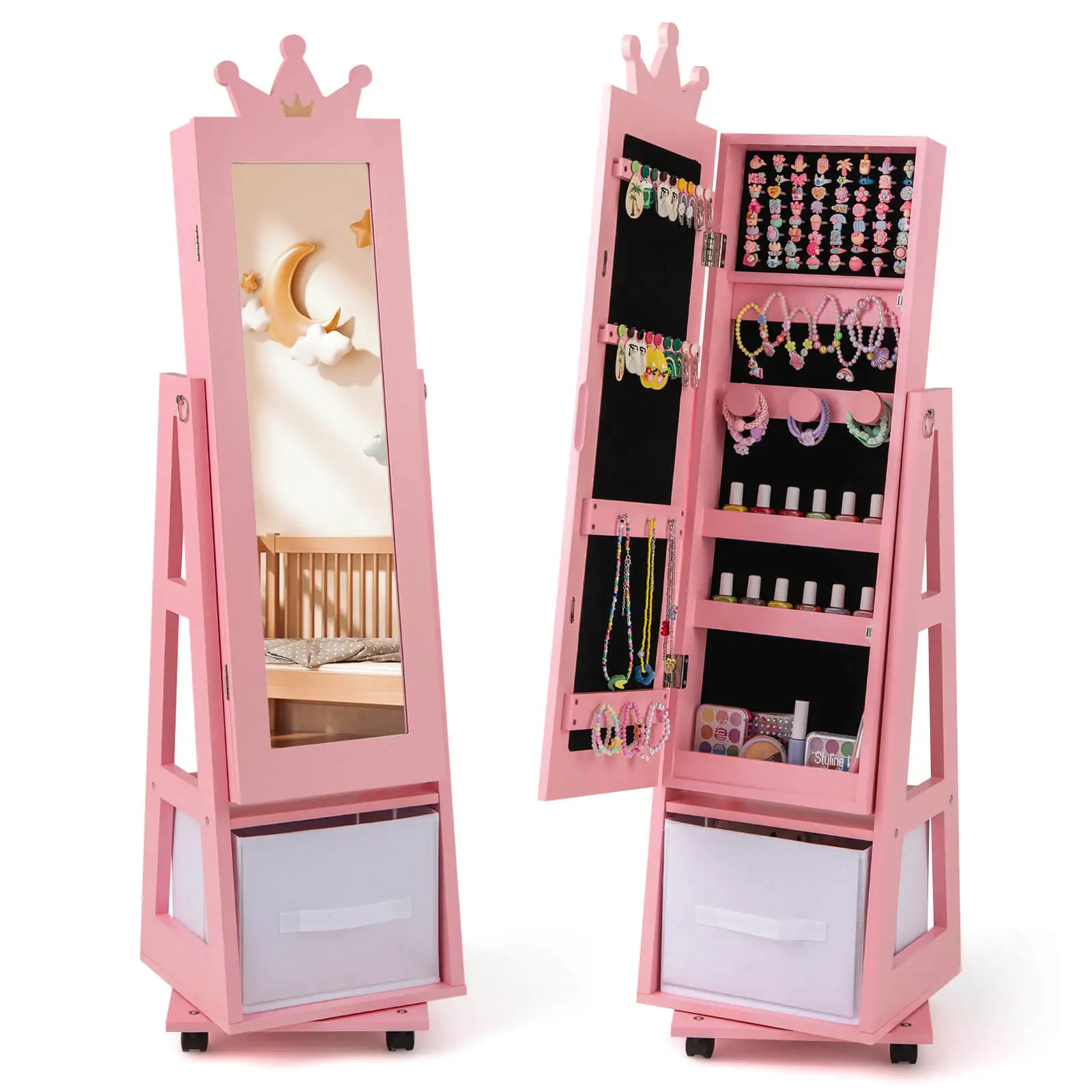 Kids Jewelry Cabinet w/ Full-Length Mirror Foldable Drawer Anti-toppling System