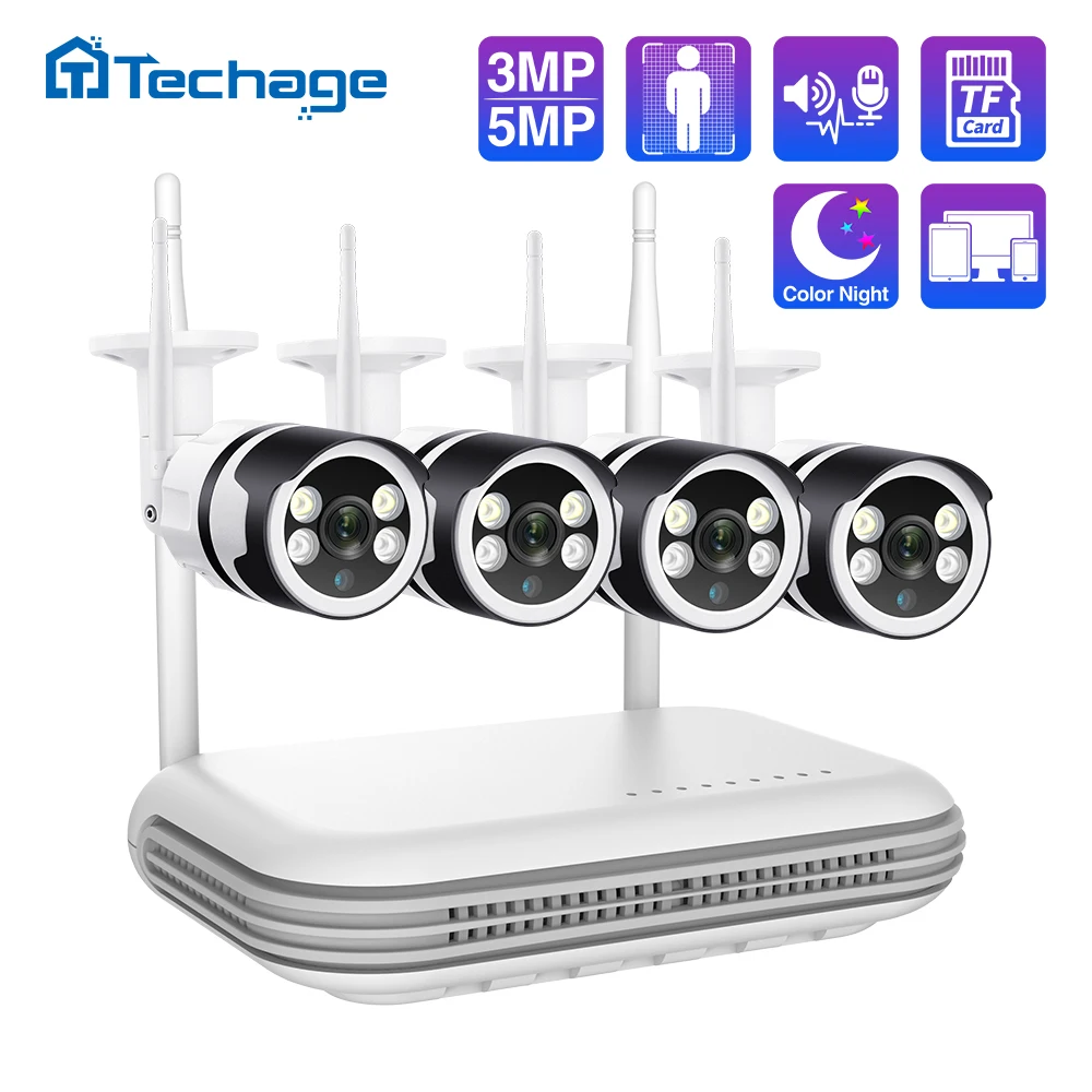 Techage 8CH 3MP 5MP Mini WiFi IP Camera System Two-way Audio Human Detected P2P Metal CCTV NVR Video Surveillance Security Set