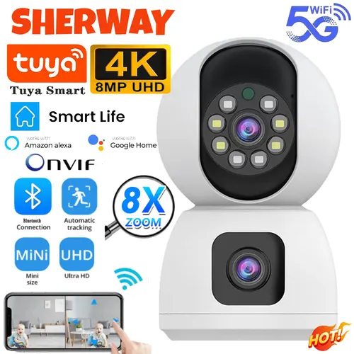 Imagen 1 del producto Cámara WIFI 5G de doble lente de 8MP Tuya Smart PTZ 4K HD pantalla Dual seguimiento automático cámaras de videovigilancia de seguridad inalámbrica para interiores