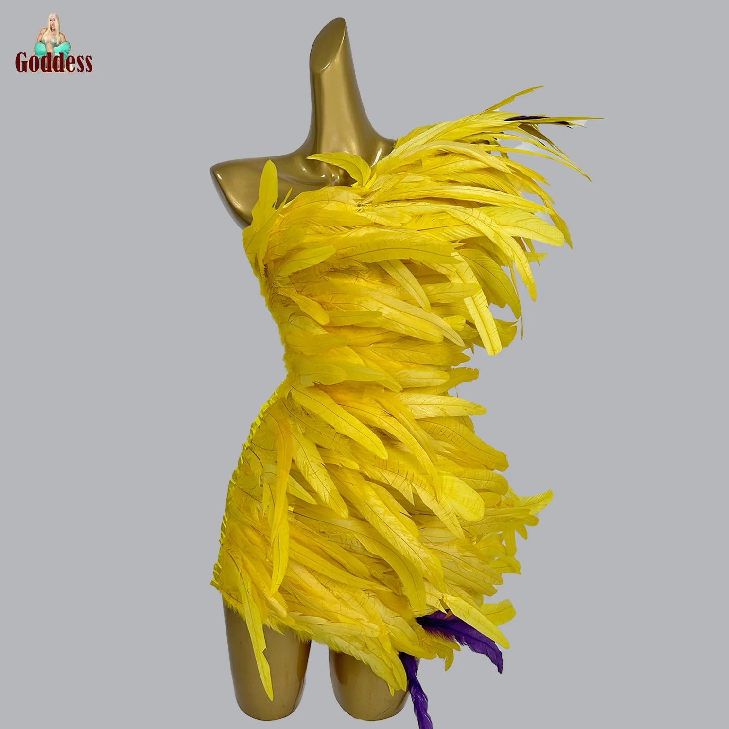 

Mega Event Carnival Special Festival Wear Yellow Feather Mini Bodycon Dress Stage Performance Sexy Costume Nightclub for Women