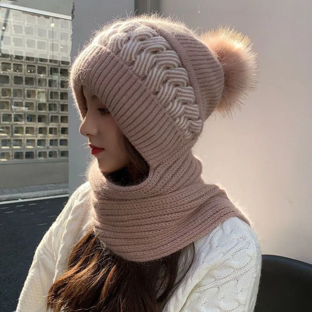 Girls Hat Scarf All-in-one Female Winter Warm Rabbit Hair Knitted Cap Cycling Ear Protection Padded Cute Cold-proof Neck Cap