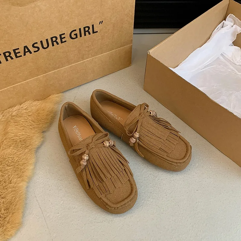 Women's Fashion Single Shoes Autumn New Round Head Deep Mouth Fringe Butterfly Knot Soft Sole Non-slip Single Shoes