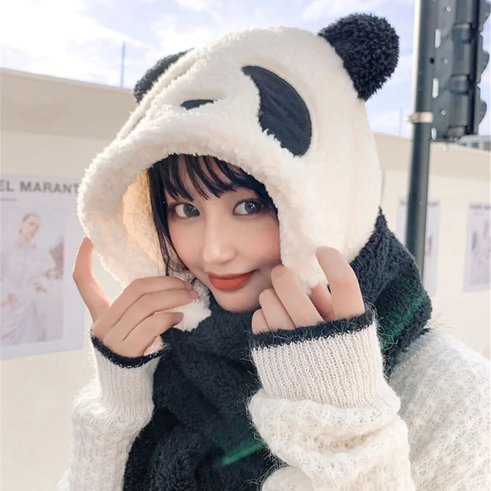 2023 Fashion Panda Beanies Caps Winter Warm Hat Casual Plush Hat Scarf Gloves Set Casual Faux Fur Women Caps