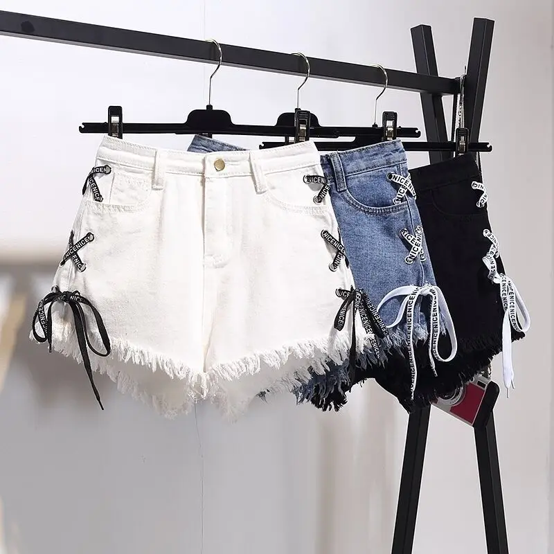 2024 Spring/Summer Plus Size Women's Fat MM High Waist Denim Shorts Women's Loose Ragged Edge Wide Leg Hot Pants