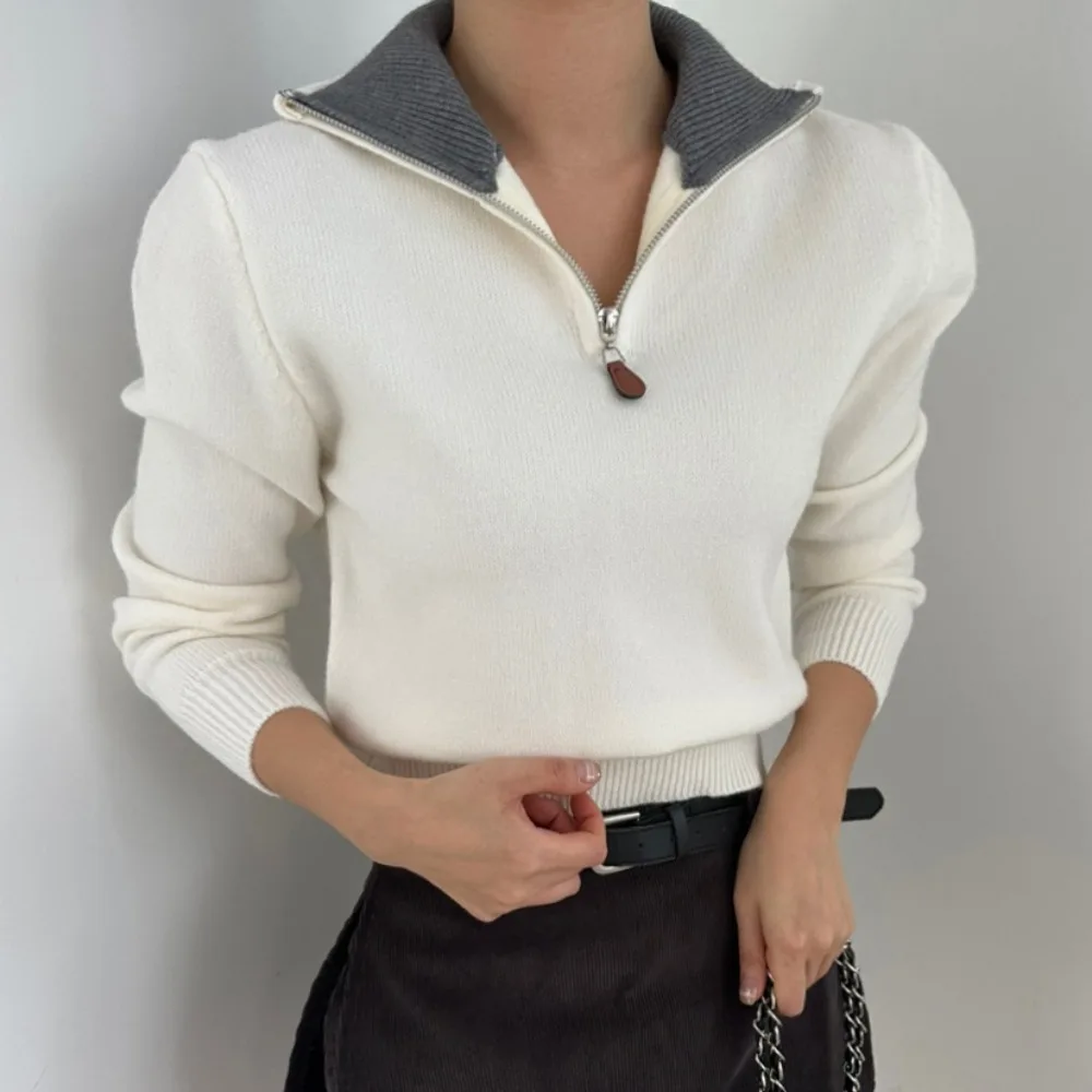 Chique Casual Lange Sve Dameshoodie Kleur Blo Kraag Gebreide Top Koreaanse Sle Herfst Winter Nieuwe collectie Veelzijdige f Zip