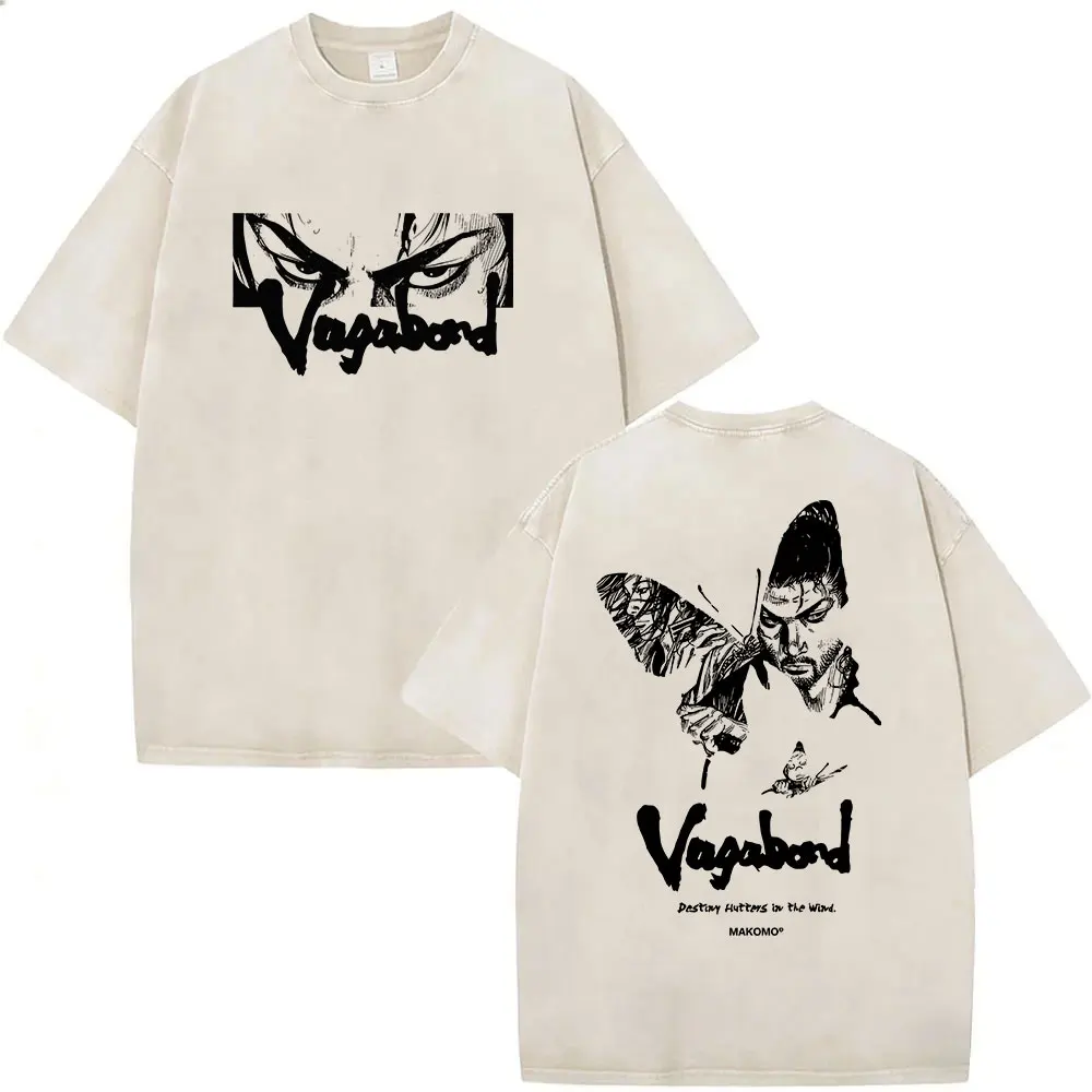 Vintage Washed Vagabond Anime Graphic T Shirts Japanese Miyamoto Musashi Harajuku Clothing T-shirt Men Women Short Sleeve Tshirt