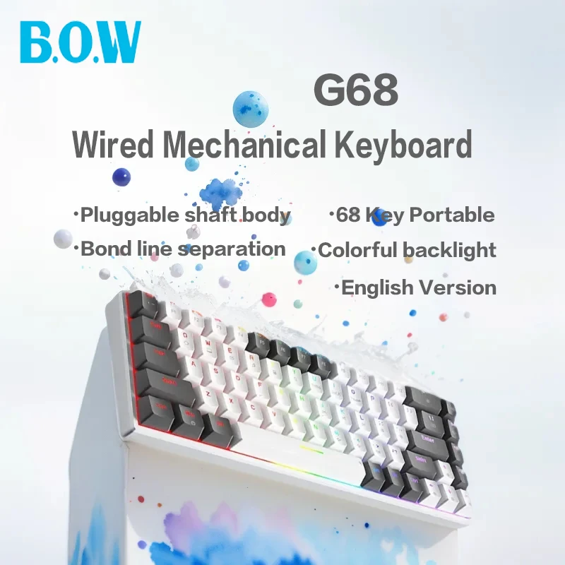 B.O.W G68 유선 기계식 키보드, 게임용 키보드, 68 키 레이아웃, 키 라인 분리, 전체 키 플러그 축, 다채로운 백라이트