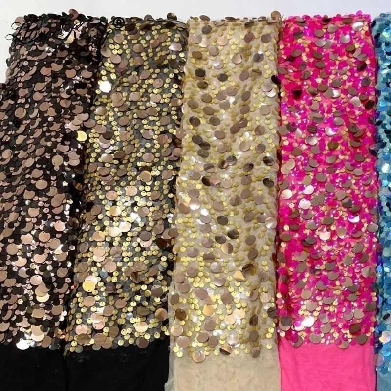 New Elastic Mesh Embroidery 9+12+18mm Sequin Fabric Women's Skirt Dress Fashion Clothing High Quality Pearl Fabric Width 125CM