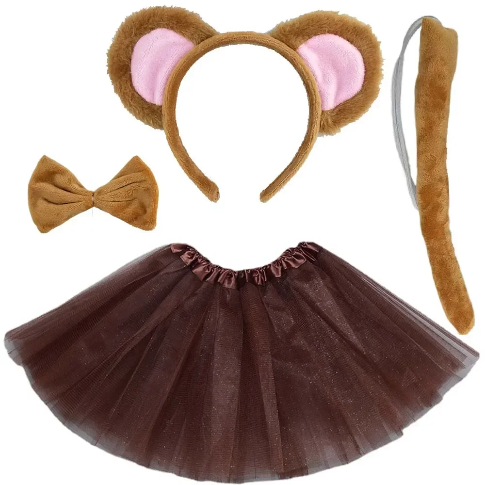 Kids Animal  Brown Monkey Bear Tutu Ear Headband Bow Tie Tail Set Halloween Costume Cosplay