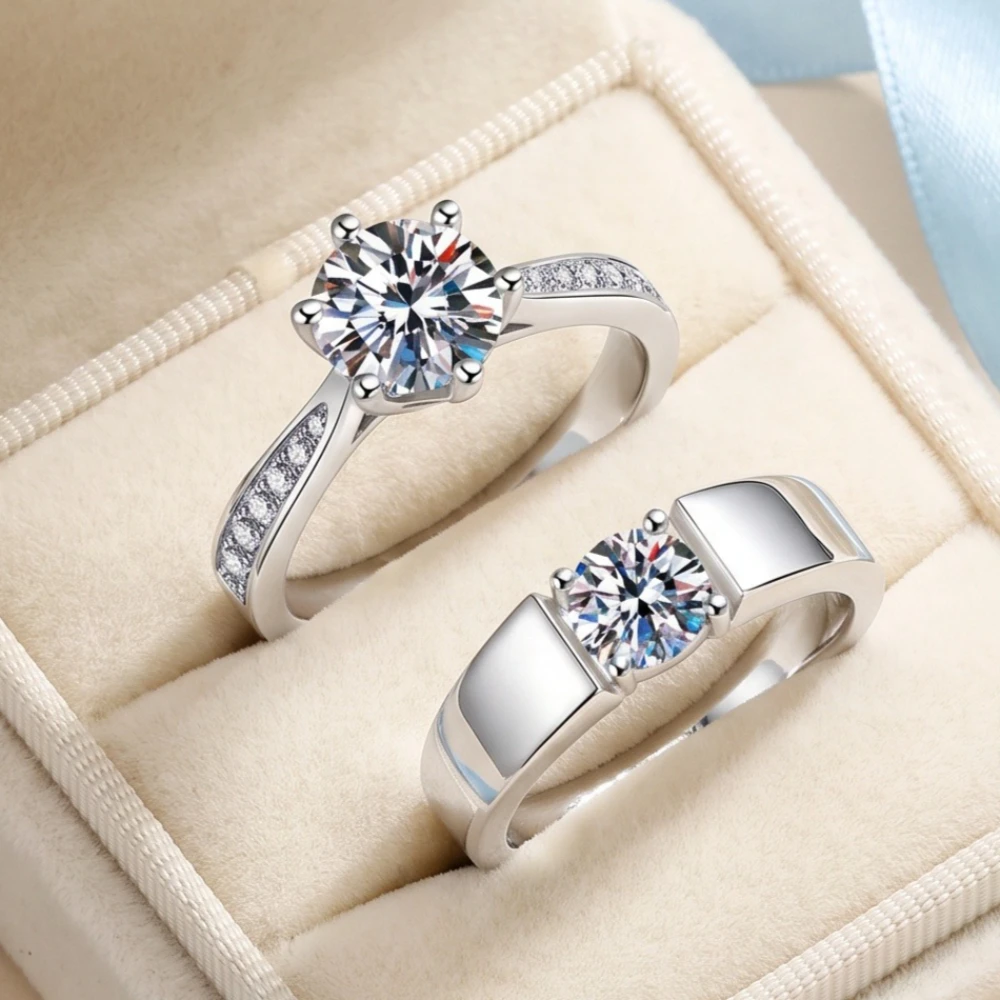

D Color VVS1 Moissanite 925 Sterling Silver Couple Ring Wedding Engagement Simulated Diamond Gift For Men Women