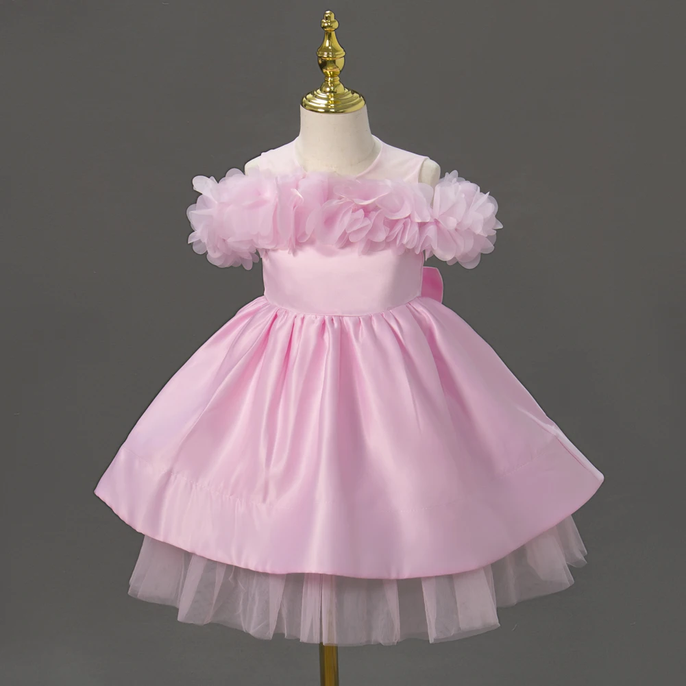 Baby Girls First Birthday Dress 3D Floral Off Shoulder Tulle Princess Gown for Wedding Flower Girl Party Baptism Pageant Banquet