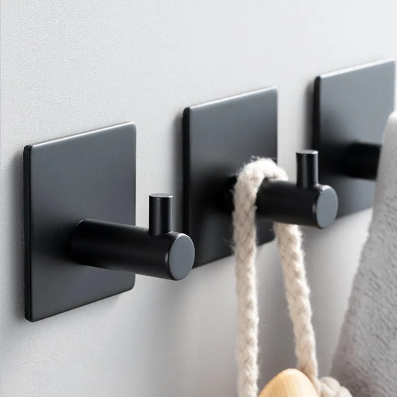 2pcs SUS304 Adhesive Wall Hooks Black Door Key Clothes Coat Hanger Bathroom Robe Holder Organizer Hanging for Kitchen Hardware