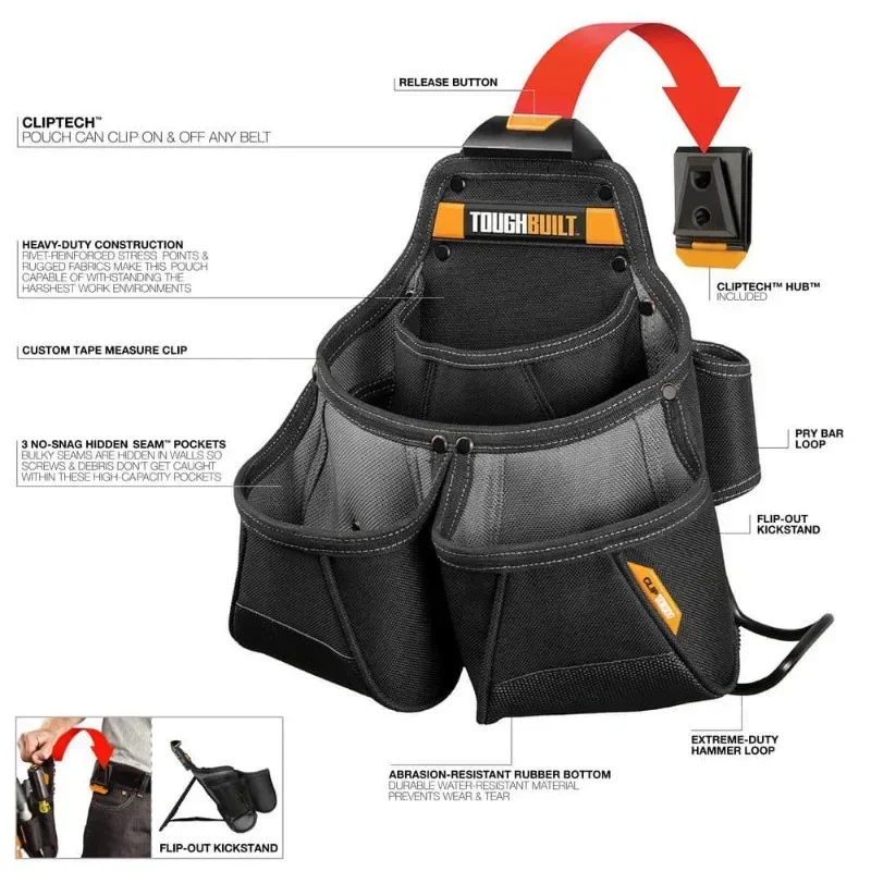 ToughBuilt TB-CT-02 Dual-Pocket Multi-Function Tool Belt for Carpenters and Formwork Workers with Hammer Loop